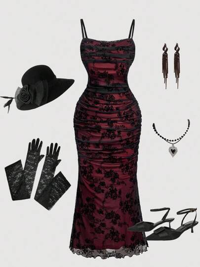 SHEIN MOD Women Plus Size Flocked Jacquard Hollow Mesh Cami Dress, Tea Party Dress, Black & Wine Red,Y2k Club Concert Dress, Goth Dress, Vintage Dress, Elegant, Romantic, Contrast Dress, Slip Dress, Mesh Dress,Halloween Homecoming Dress, Going Out Outfit