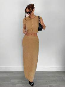 Siren Gaze 秋季女装商务休闲女士办公室服装 2025 新款棕色毛绒针织两件套，女士短袖纽扣上衣和长款针织裙套装，适合工作/办公室日常通勤，秋季服装女士优雅复古风格毛衣套装 - 棕色 - 查看 6