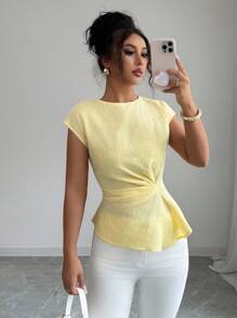 Elenzga 优雅简约不对称腰部设计浅黄色纯色面料女式上衣 - 黃色 - 查看 3