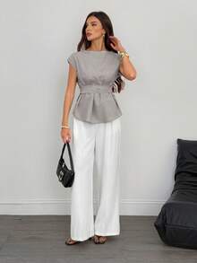 SHEIN Tall 亚麻蝙蝠袖休闲上衣，夏季，毕业，教师，返校 - 卡其色 - 查看 5