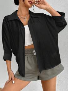 SHEIN PETITE 女款純色3/4袖前開襟休閒寬鬆襯衫 - 黑色 - 查看 3