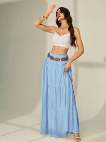 SHEIN Tall 女式纯色褶皱腰荷叶边下摆半身裙 - 淺藍色 - 查看 6