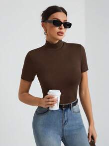 SHEIN Tall Women's Solid Color Basic Black Turtleneck Short-Sleeved T-Shirt - Brown - View 6