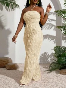 Slaydiva 2025 Summer New Arrival, Music Festival, Wedding Season, Easter, Western Style, Nomadic Style, St. Patrick's Day, Birthday Party, Graduation Season, Student Wear, Daily Casual, Leisure, Vacation, Cruise Travel, Beach, Sunbathing, Fashionable, Texture, Strapless, Yellow, Plus Size Women Jumpsuit Ruffle Jumpsuit Women Jumpsuit Summer Jumpsuit Vacation Outfit Tube Top Jumpsuit - Apricot - View 6