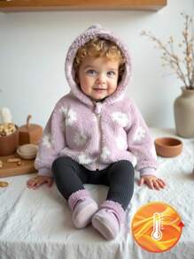 SHEIN 女婴休闲可爱双面花卉羊毛连帽夹克，长袖拉链外套，秋冬 - 粉色 - 查看 6