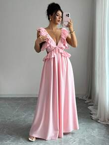 Elenzga Women Sexy Solid Deep V-Neck Tie Backless Layered Ruffle Trim Long Dress Fall Cloth For Women - Pink - View 3