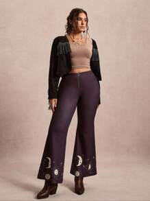 SHEIN VCAY Plus Size Dark Purple Crescent Moon & Sun Print Flare Pants,Autumn Rock And Roll Rave Boho Bell Bottoms Western Wear Women Casual Celestial Jeans - Black - View 5