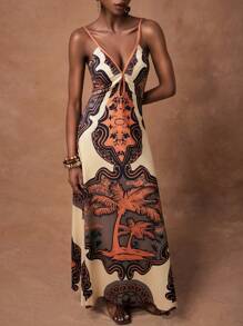 Zivah 春夏新款音乐节、复活节、西部、游牧风格连衣裙，适合生日派对、毕业典礼、学生休闲装、日常出游、度假、邮轮旅行、海滩、日光浴、网红风、极简休闲无袖V领印花长裙，大地色系 - 棕色 - 查看 3