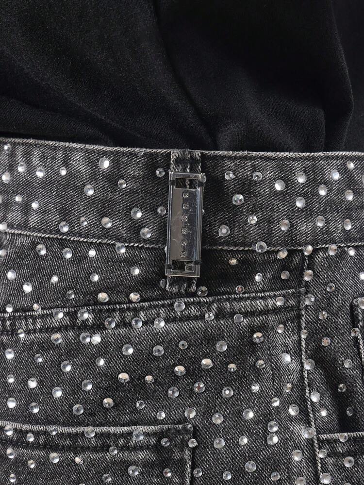 Wide Leg Denim Jeans With Crystal Embellishments