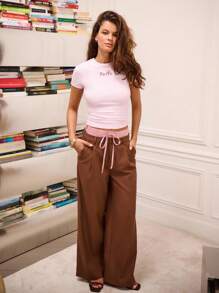 lacRébo Fitted Pink Short Sleeve Tshirt With Embroidered Paris Design Women Graphic Tee Paris Slogan Tee Back To School Spring Summer Tee - Pink - View 6