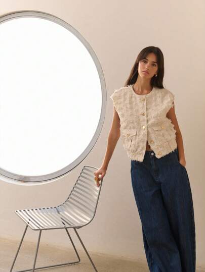 Nöista Elegant Solid Color Fringe Texture Sleeveless Jacket, Summer