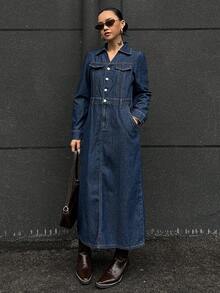 DAZY Women's Street Style Pocketed Long Sleeve Denim Dress - Blue - View 3