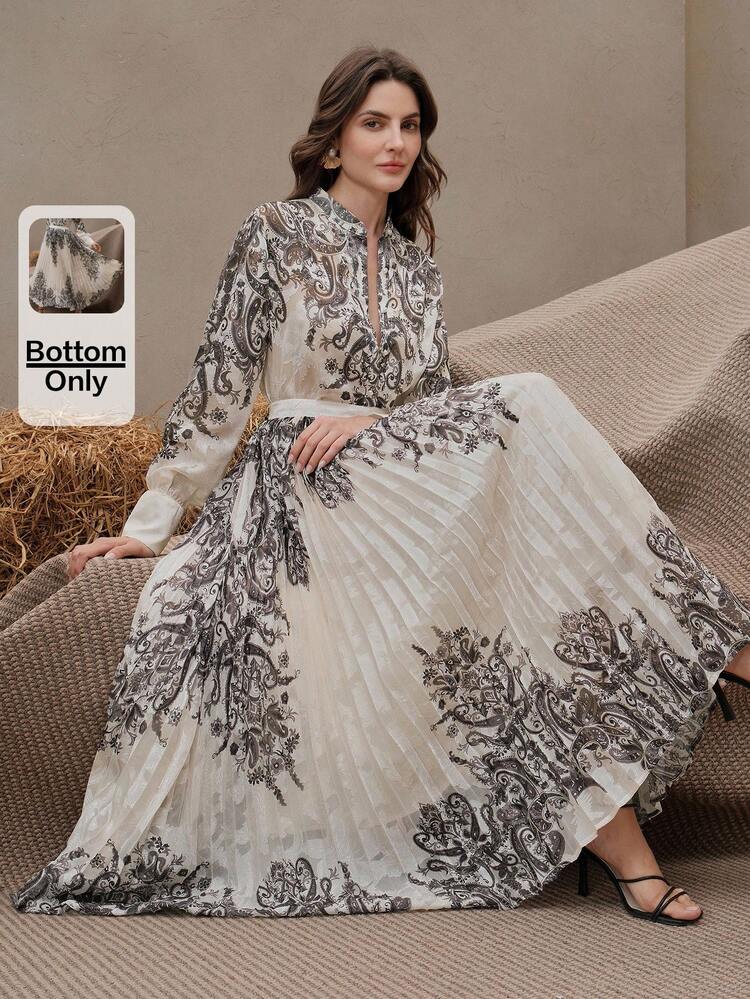 Elegant Women's Apricot Color Pleated Flared Floral Print Skirt, Suitable For Spring, Summer, Business Casual, Graduation