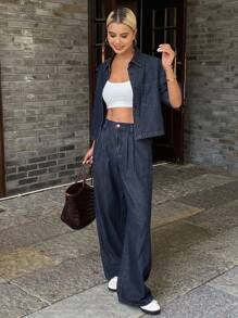 DAZY Women's Western Cowgirl Distressed Washed Loose Short Sleeve Collared Shirt And Wide Leg Pants Casual Vacation Suit, Spring/Summer - Blue - View 1