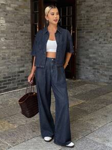 DAZY Women's Western Cowgirl Distressed Washed Loose Short Sleeve Collared Shirt And Wide Leg Pants Casual Vacation Suit, Spring/Summer - Blue - View 7