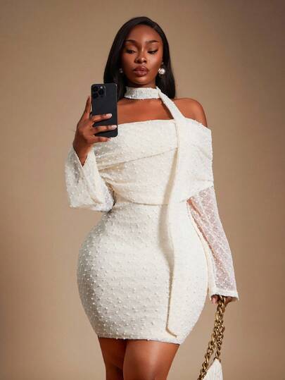 Radiana Plus Size Women's Spring&Summer Elegant Textured Knit Fabric Off Shoulder Trumpet Sleeve Slim Mini Dress Suitable For Prom,Romantic,Valentine's Day,Suitable For Banquet,Feast,Dinner Party,Prom,Ball,Urban,Sexy Office Siren,Cruise Attire,Vintage,Festival,Concert,Carnival,Outing,Richly Layered,Holiday,Date Night,Gathering,Birthday,Bachelorette Party Outfit ,Cocktail,Formal Event,Modest,Chic,NightClub,Cute,Casul,Going Out,Coquette,Accent Your Body,Flatter The Figure,Flattering Silhouette/Fall/Winter