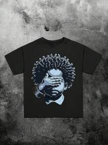 SHEIN Đi bộ bằng đức tin, không phải bằng thị giác, áo thun tay ngắn in họa tiết che mắt cho bé trai tóc xoăn dành cho nữ, mùa hè - màu đen - Xem 3