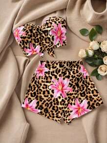 SHEIN EZwear 2 件女士夏季休闲豹纹和花卉印花套装 - 彩色 - 查看 3