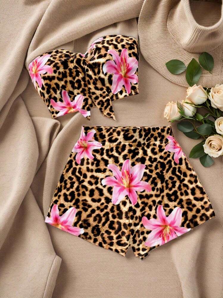 SHEIN EZwear 2pcs Women Summer Casual Leopard & Floral Print Set Suitable For Going Out - Multicolor - View 3