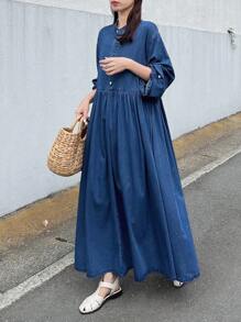 FRIFUL 女式休闲宽松牛仔连衣裙 - 深色水洗藍 - 查看 5