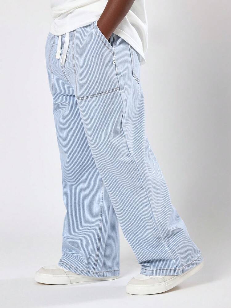 Jean en denim à rayures et jambes larges avec cordon de serrage à la taille