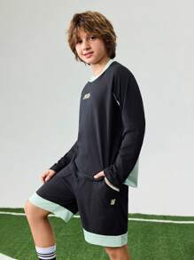 JNSQ Conjunto de uniforme de manga larga y pantalones cortos para deportes al aire libre para volver a la escuela, niños con cuello redondo, parches de color contrastante y estampado divertido, conjunto de manga larga y pantalones cortos para deportes al aire libre - Multicolor - Ver 4