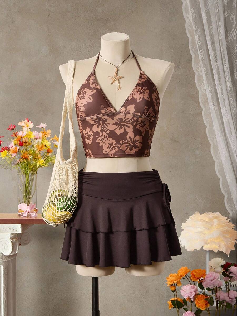 SHEIN Swim 女式花卉印花吊带背心两件套泳衣套装，随机印花 - 乾枯玫瑰色 - 查看 1