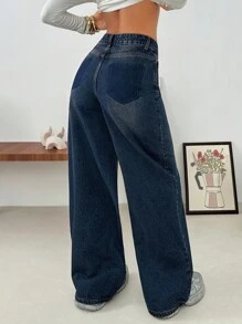 EURMUSE WOMEN WIDE LEG LOW WAIST JEANS - Medium Wash - View 2