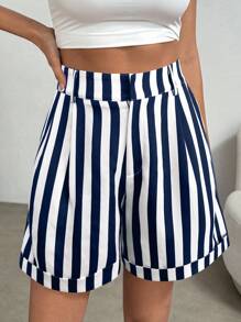 SHEIN Clasi 大码女式夏季休闲日常度假通勤撞色条纹印花高腰侧袋宽松短裤 - 藍色 - 查看 3