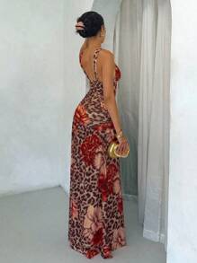 Glamine Leopard Floral Pattern Women Long Dress, Stretchy Jersey Fabric, Sexy Elegant Beach Sundress For Summer Holiday--Floral Pattern Random Fall Women Clothes Back To School Halloween, Christmas