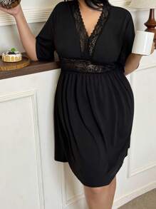 SHEIN 大码性感V领蕾丝拼布睡袍 - 黑色 - 查看 2