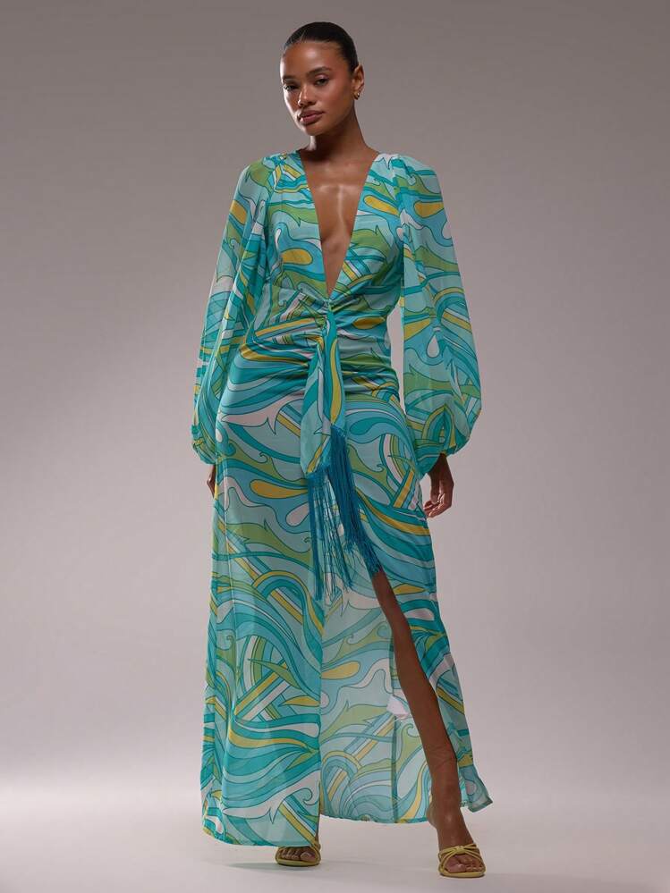 MUSERA Deep V Neck Loose Fit Tassel Detail All Over Print Long Sleeved Maxi Dress Spring Summer Vacation Elegant Wedding Guest Holiday Beach Ibiza Long Dress - Blue - View 1