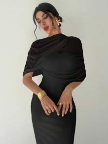 Firerie 优雅浪漫的黄色纯色荷叶边领口不对称褶皱腰身修身连衣裙，女士沙滩装，女士机场装，度假装，女士教师装，黑色连衣裙，优雅大方 - 黑色 - 查看 3