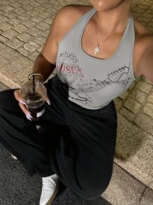 Dripcurv 大码女式吉他印花露背背心 - 駝色 - 查看 5