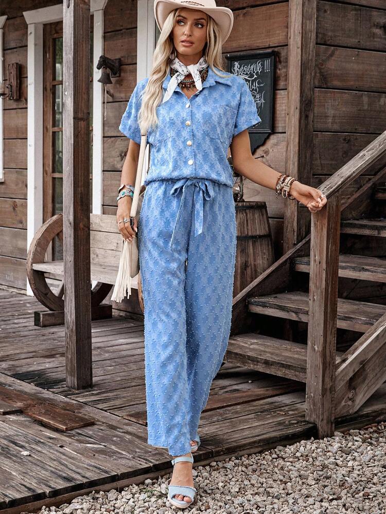 LanaWest Women's Denim Effect Print Shirt + Pants Countryside Casual Daily 2 Pieces Set - Blue - View 4