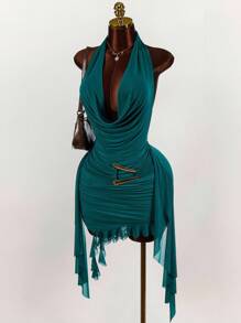 Amplova Fitted Sleeveless Mesh Mini Dress In Green With Ruched Design And Halter Neckline,Party Dress - Green - View 3