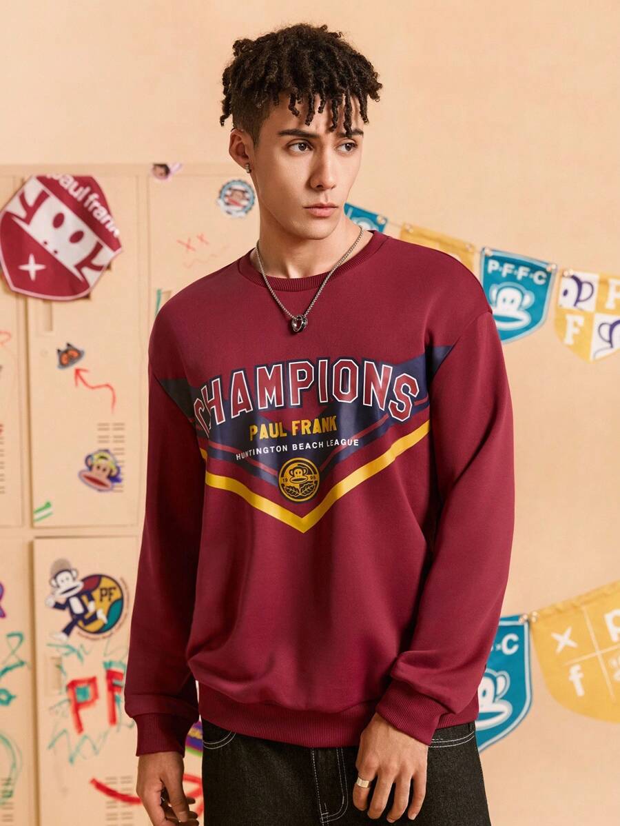 Paul Frank X SHEIN 男式字母图案圆领长袖套头衫 - 酒紅色 - 查看 1
