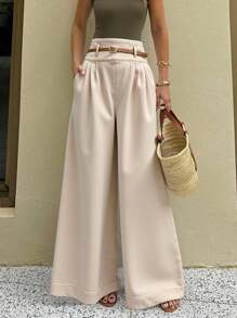 SHEIN Tall Jeans de pierna ancha de unicolor básico blanco para mujer, casual versátil para la vuelta al colegio en otoño, para mujeres altas - Caqui - Ver 1