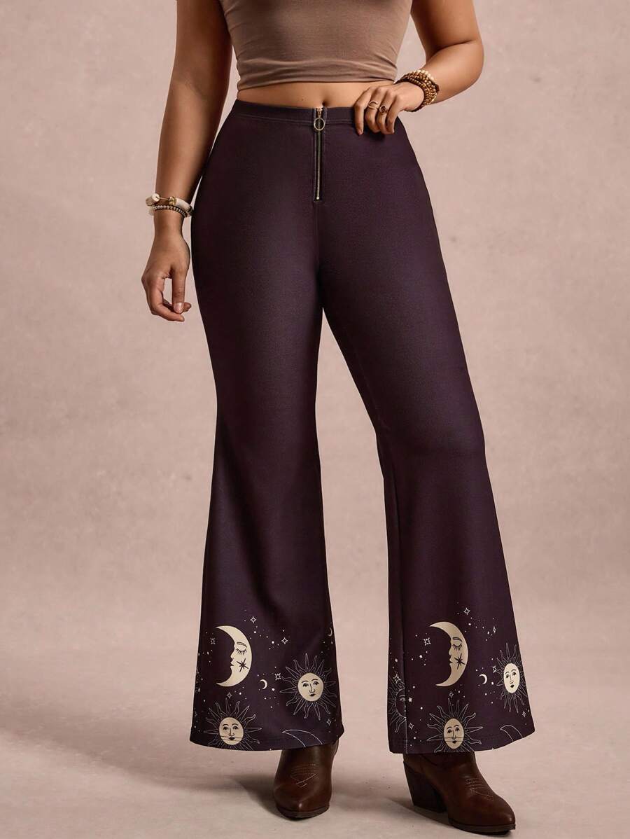 SHEIN VCAY Plus Size Dark Purple Crescent Moon & Sun Print Flare Pants,Autumn Rock And Roll Rave Boho Bell Bottoms Western Wear Women Casual Celestial Jeans - Black - View 1