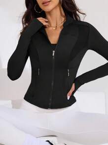Easithlete 纯色前拉链修身透气运动夹克 - 黑色 - 查看 3