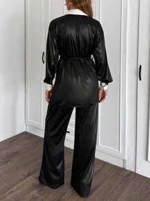 EURMUSE 2pcs/Set Women Rhinestone Collar Detailed Elegant Loose Long Sleeve Shirt And Wide Leg Pants Black Elegant Suit - Black - View 2