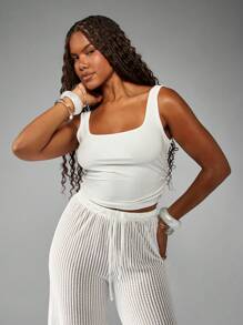 MISSGUIDED Summer Square Neck Top Ribbed Sleeveless Fitted Basic Essential Layer Casual Workout Slim Cami Top Athleisure - White - View 4
