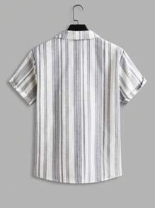 Manfinity RelaxMax Men's Vertical Striped Loose Fit Single-Breasted Short Sleeve Casual Shirt, Suitable For Summer - Blue - View 2