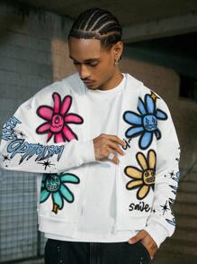 PAVTROS Manfinity Streetrush Men's Casual Street Cartoon Letter Print Drop Shoulder Loose Zip-Up Hoodie, Spring/Autumn, Flower Hoodie, Men S Clothing Streetwear, Flower Hoodie Men - Multicolor - View 5