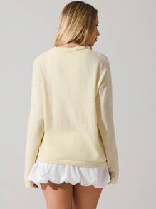 Fluxe Women's Casual Light-Yellow Featherweight Drapey Open-Stitch Knit Cover-Up With See-Through Letter Motif And Long Sleeves In Fall/Winter