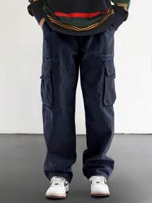 Men Loose Flap Pocket Side Cargo Pants, Men Navy Blue Cargo Pants, Men Cargo Pants With Multiple Pockets, Men Baggy Cargo Pants, Men Relaxed Fit Cargo Pants - Navy Blue - View 3