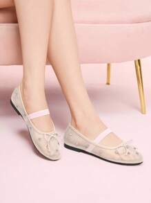 SheIn MOD Fashionable Round Toe Casual/Office Party Buckle Rhinestone Breathable Hollow Mesh Slip-On Flat Shoes, Pink - Pink - View 3