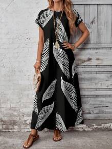 EMERY ROSE 大码黑色树叶剪影印花休闲连衣裙 - 黑色 - 查看 5