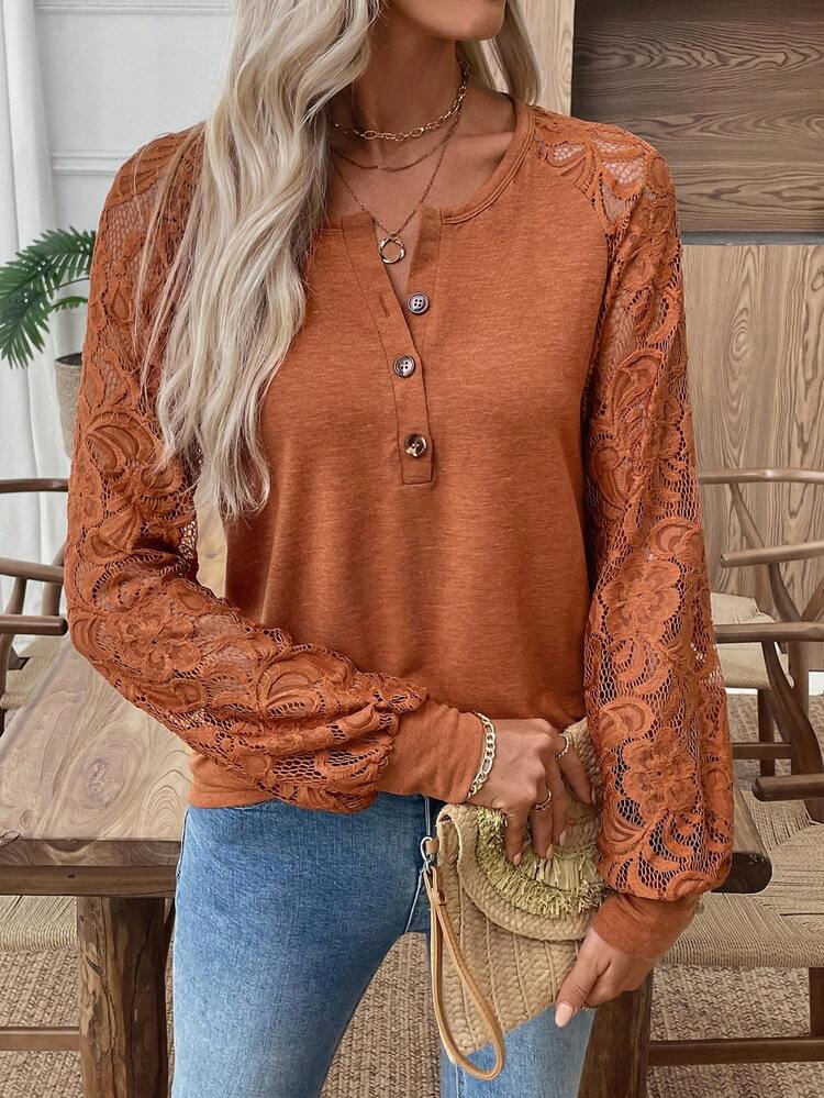 EMERY ROSE Women's Contrast Lace Raglan Sleeve Button Half Placket Casual Sweatshirt Burnt Orange Top Lace Long Sleeve Top Brown Lace Top Brown Long Sleeve Top Rust Brown Top Halloween Clothes Sweatshirts For Women Fall Clothes For Women Sudadera Halloween Costumes, - Rust Brown - View 4