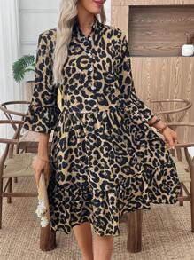 EMERY ROSE فستان نسائي كاجوال متوسط الطول بأكمام واسعة وأزرار وكشكشة على الذيل بطبعة نمر، فستان طبعة نمر، فستان طبعة حيوان، فستان طبعة فهد، فستان نمر بأكمام طويلة، فستان نمر متوسط الطول، ملابس خريفية للنساء، فساتين للنساء في الخريف